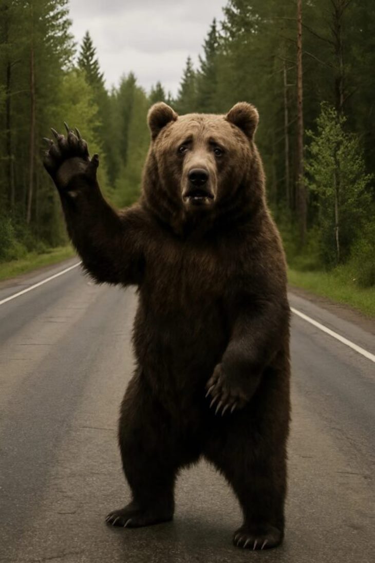 🐻 Ճանապարհի մոտ նկատեցի արջին, որը թաթով էր թափահարում. սկզբում վախեցա ու ուզեցի հեռանալ այնտեղից, բայց հանկարծ մի տարօրինակ բան նկատեցի։