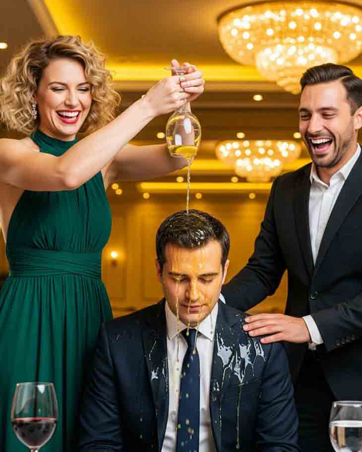 🍷 Գլխավոր տնօրենն ու կինը քմծիծաղ տվեցին հասարակ կոստյումով լուռ մարդուն։ Նրան նվաստացնելու համար բոլորի աչքի առաջ կարմիր գինի լցրեցին վրան։ «Իմացիր տեղդ», — շշնջաց կինը։ Նա պարզապես ժպտաց, դուրս եկավ և զանգահարեց։ Եվ հետո նրանց 800 միլիոն դոլարանոց կայսրությունը սկսեց փլուզվել... 📉